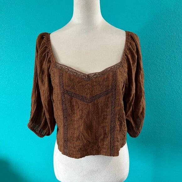 NWT American Eagle Brown Cropped Puff-Sleeve Smocked Blouse Top Size L - Picture 3 of 5